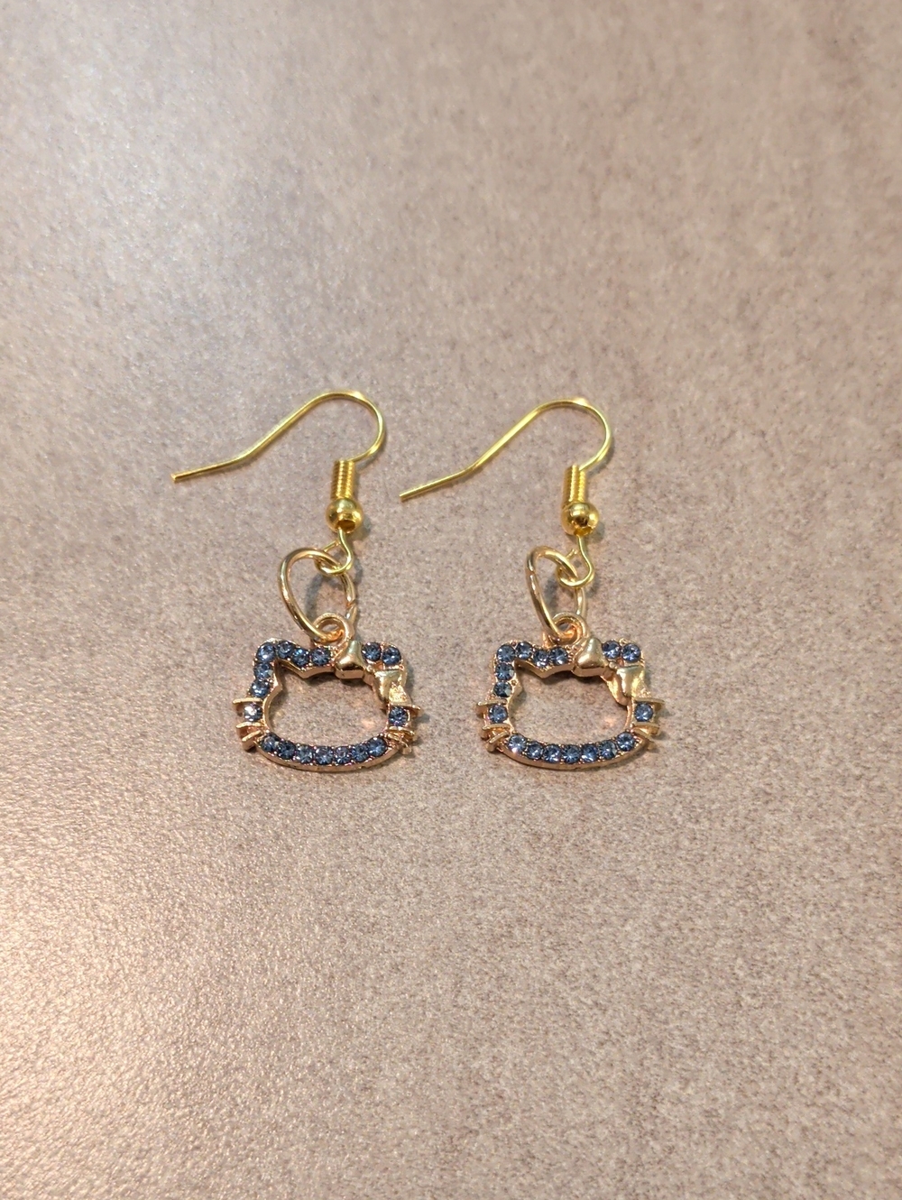 Gold Cat Outline Drop Earrings with Blue Stones - Women Jewelry